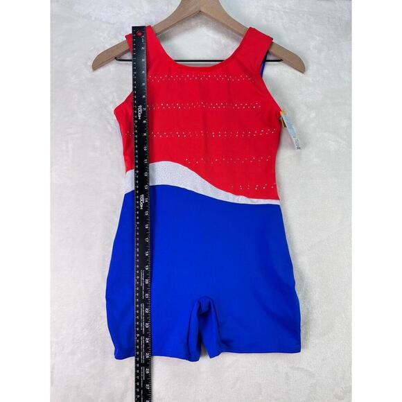 NWT Girls Red Blue Rhinestone Silver Wave Colorblock Tank Biketard Leotard XL 14 - Picture 8 of 10